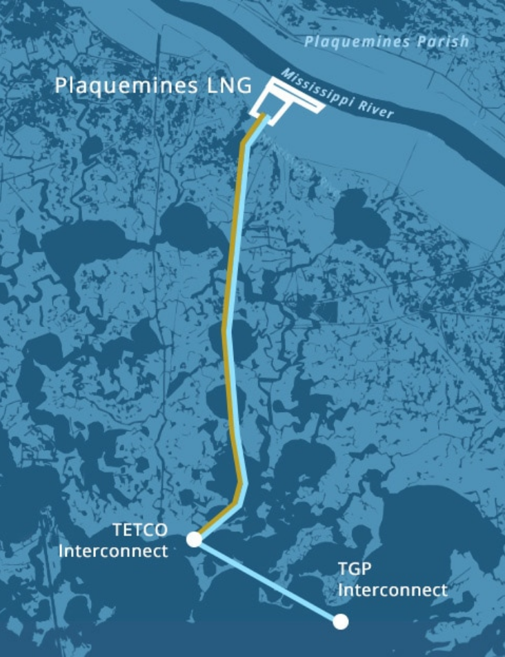 Map showing Plaquemines LNG route with TETCO and TGP interconnects.