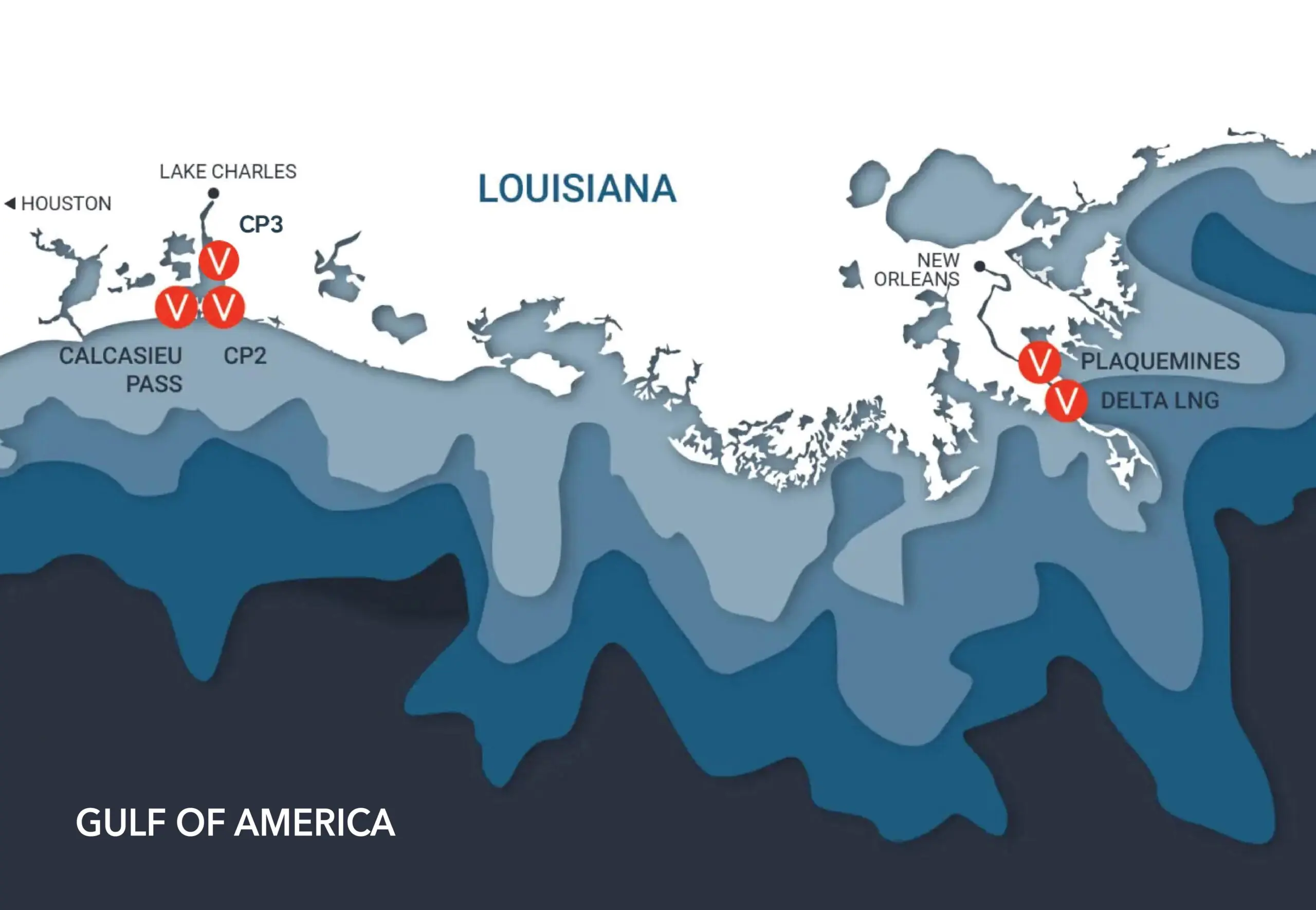 Map of Louisiana coast, showing cities and locations like Calcasieu Pass and Plaquemines near the Gulf of America.