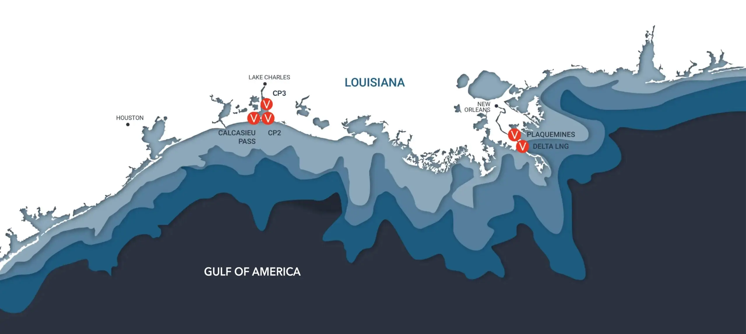 Map of Louisiana coast showing depth variations in the Gulf of Mexico, with key cities marked.